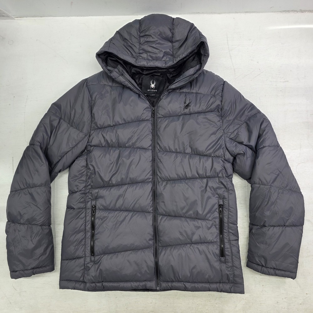 Spyder Nexus Puffer Polar ThermaWeb Hooded Gray Quilted Puff Jacket Men's L EUC